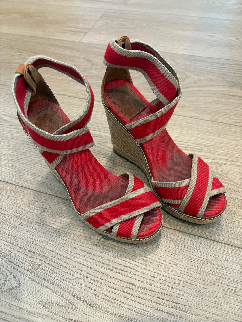 Tory Burch Red Canvas Wedge Sandals with Tan Trim